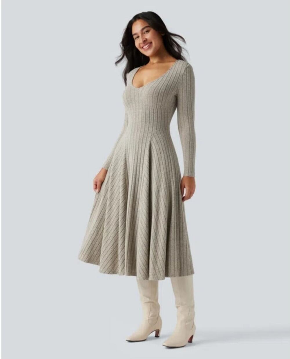 NWT Halara Women's Ribbed Knit V Neck Flare Midi Casual Dress SZ M Chic